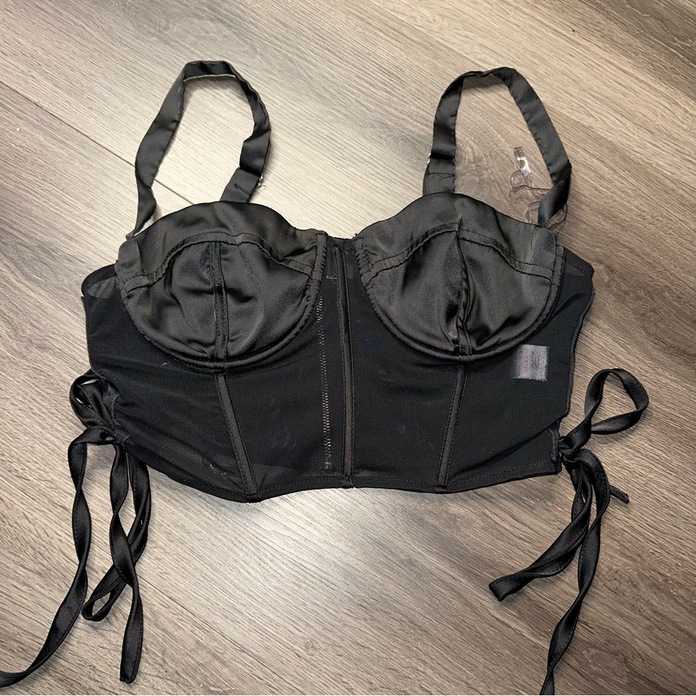 Windsor Black Mesh Satin Corset Crop Womens Top Adjustable Ties Small 25in.
